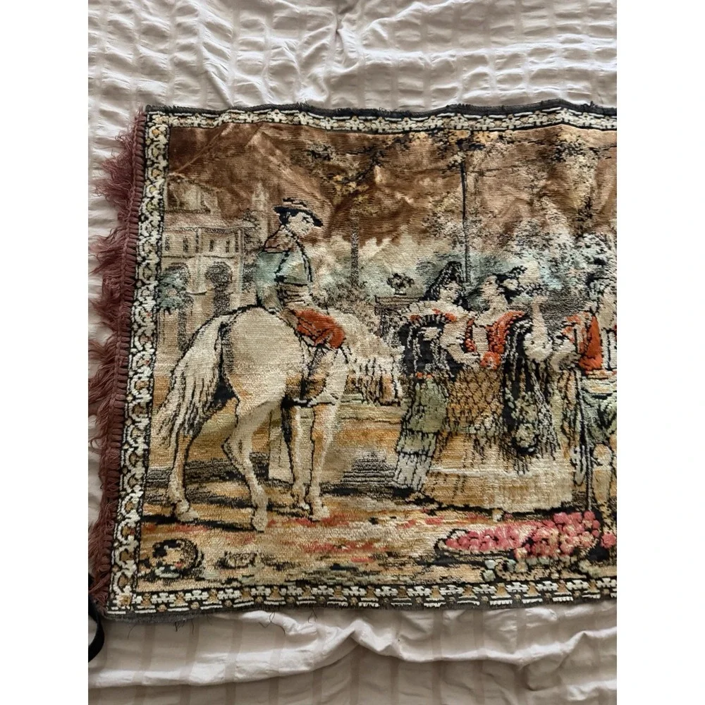 Vintage Victorian European Tapestry 14x42, tassles, street party scene